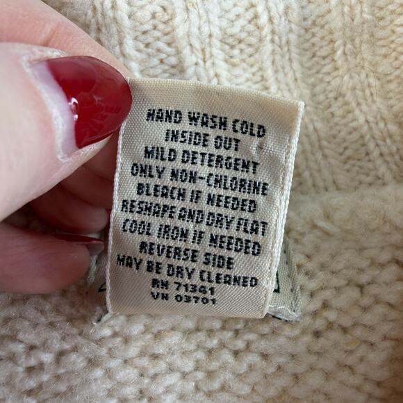 LL Bean L Large Cardigan Sweater Ivory Wool Blend Fisherman Cable Knit Grandma - Picture 6 of 10